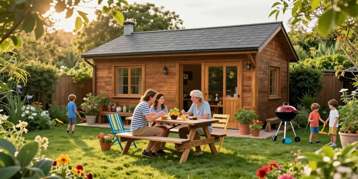 Ein gemütliches Gartenhaus im Grünen mit einer Familie beim Einrichten eines Essbereichs im Freien.
