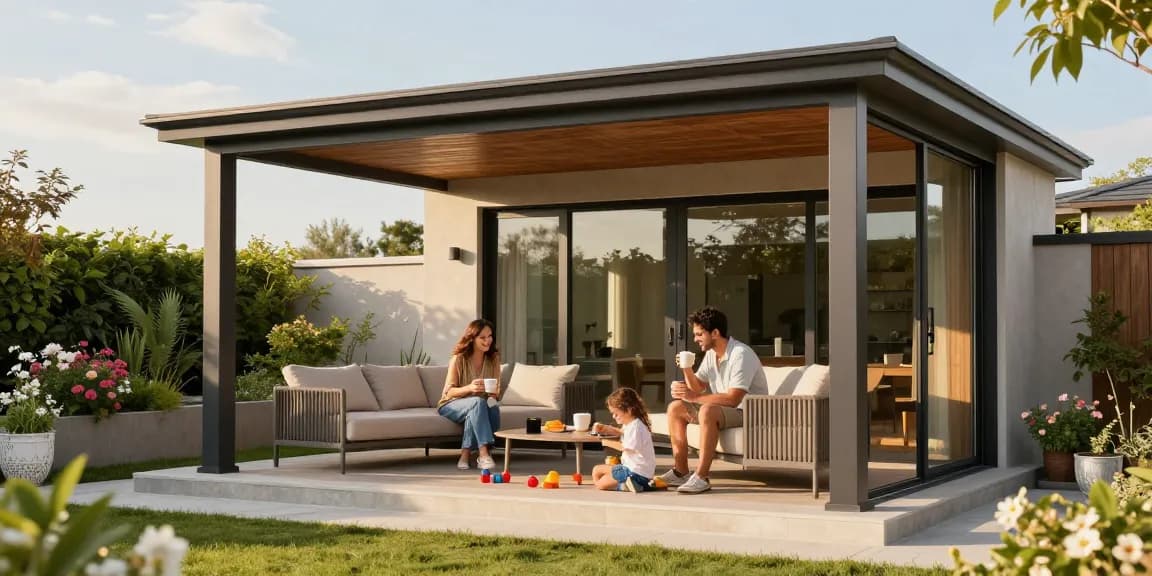 Terrassenüberdachung freistehend mit Familie, die im Freien Zeit verbringt