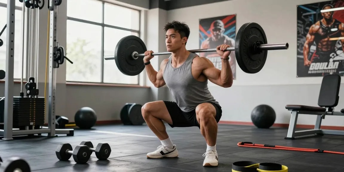 Anabolika Shop: Bodybuilder im Fitnessstudio beim Krafttraining mit Gewichten.