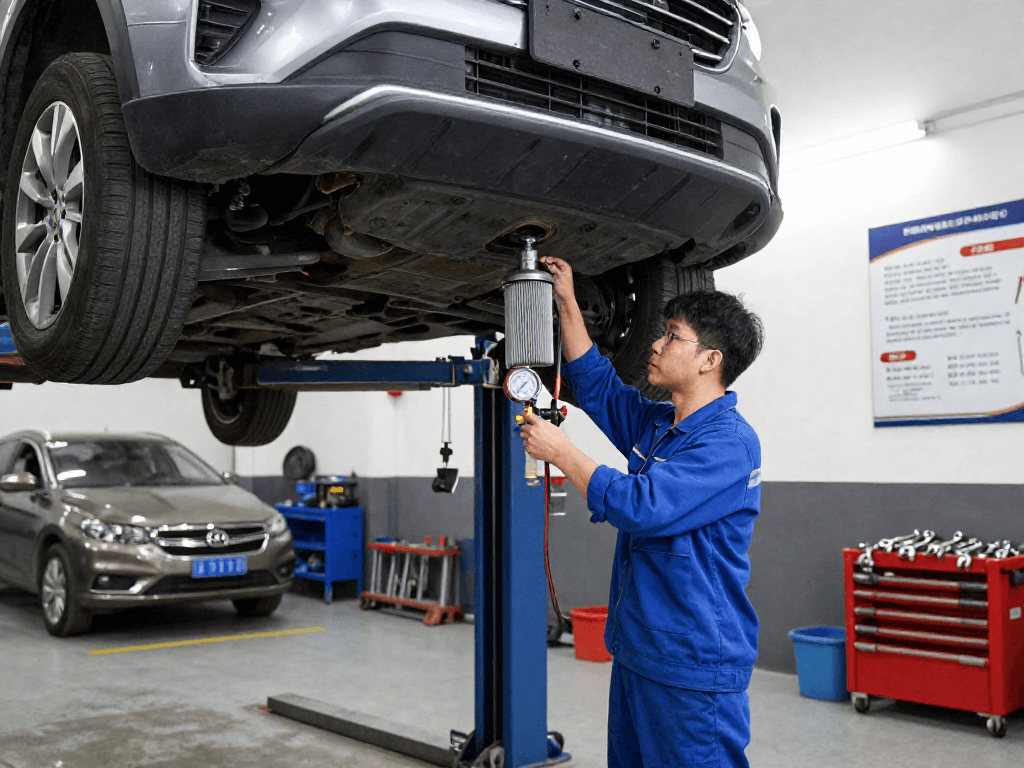 Mechaniker bei der DPF Reinigung Laatzen, spezialisierte Werkzeuge und Fahrzeuge im Hintergrund.