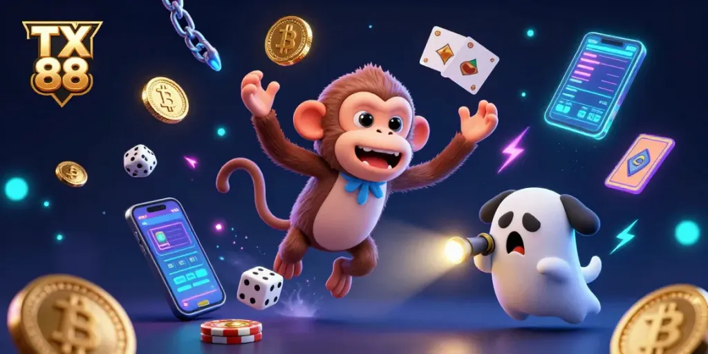 Experience thrilling moments with TX 88's haunted casino showcasing a poltergeist monkey juggling golden treasures.