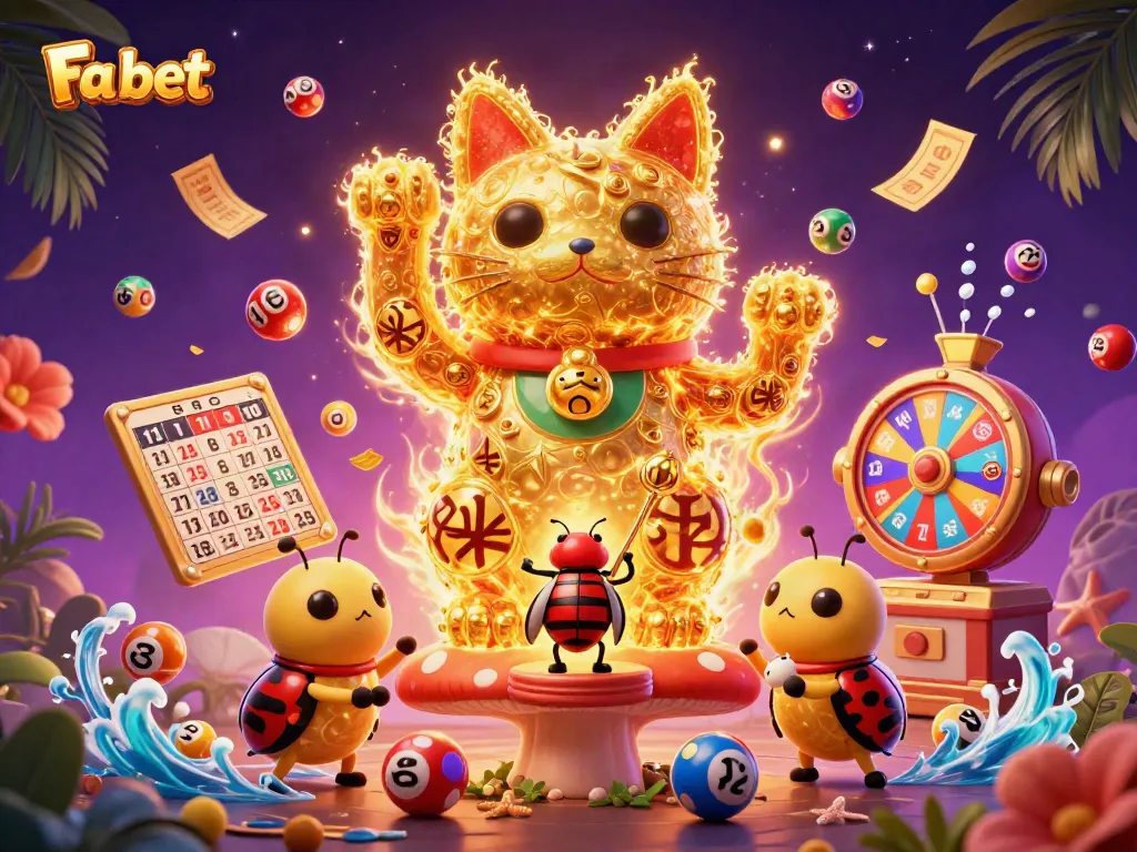Fa bet showcases a lucky cat with vibrant casino symbols, capturing the thrill of gambling action