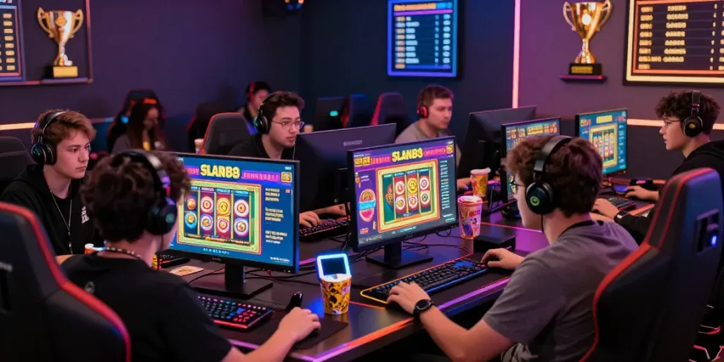 Engaged gamers using slot88 login to play online slots in a vibrant gaming setup.