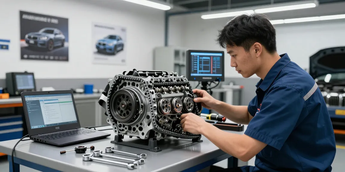 Professioneller Techniker beim BMW Steuerkette wechseln in moderner Werkstatt für optimale Motorleistung.