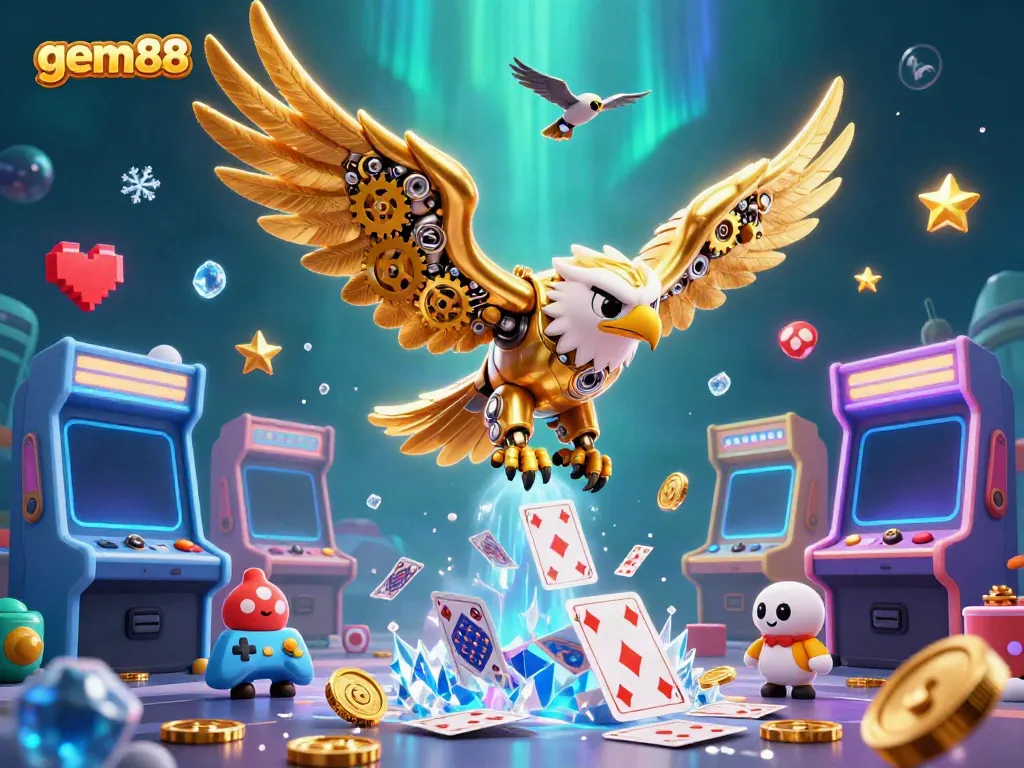 Engage with the thrill of gem88 as a cybernetic eagle soars through a colorful casino scene.