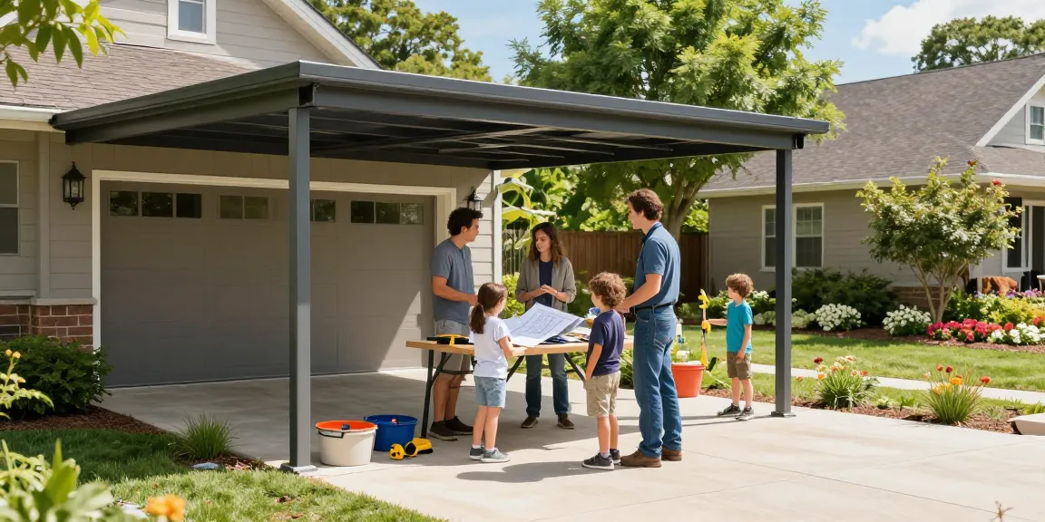 Moderne Carport-Lösung für Familien, die im Garten spielen und mit einem Auftragnehmer sprechen.