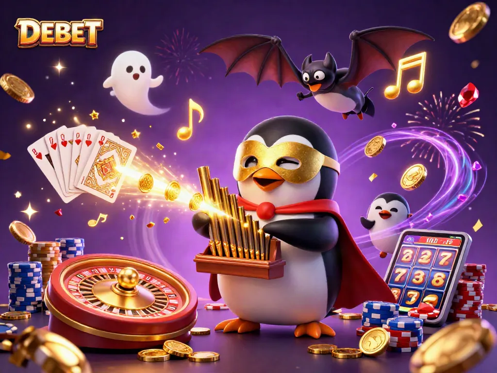 Experience thrilling moments with DEBET gaming, featuring a penguin playing an organ of golden coins.