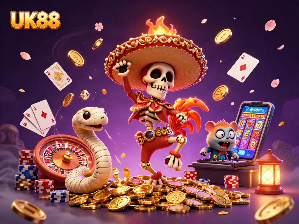 Experience thrilling gaming at UK88 with dynamic characters on a treasure of gold coins.
