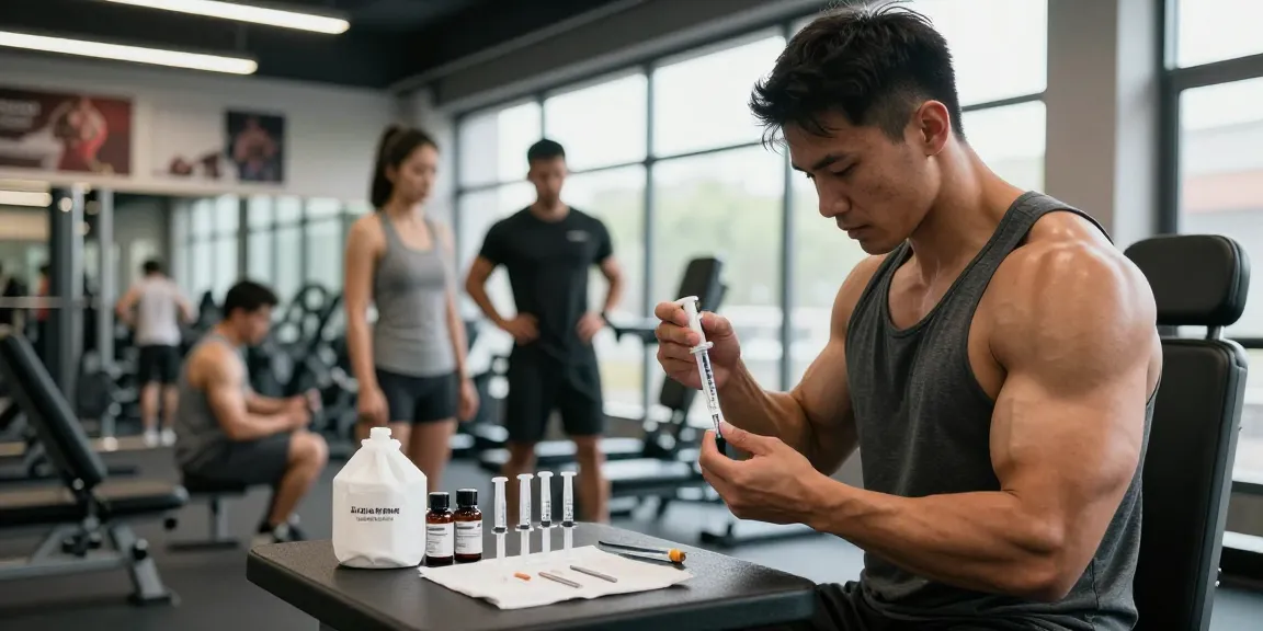 Anabolika Shop: Körperlicher Fitnessprofi spritzt Anabolika in einem modernen Fitnessstudio.