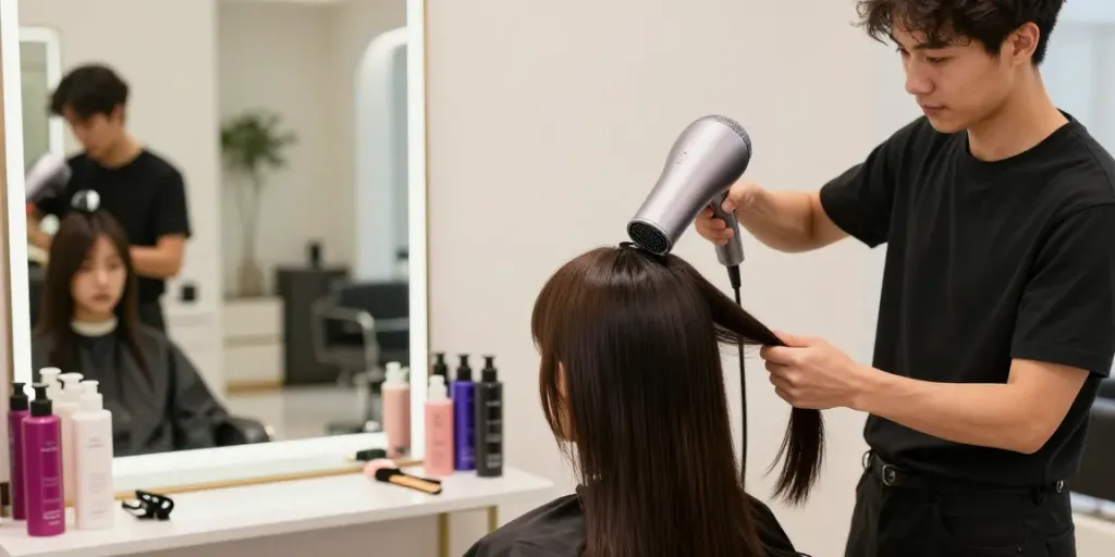 Test Haartrockner im Einsatz im modernen Friseursalon, Haarstylist benutzt Laifen Neo, hochwertige Produkte sichtbar.