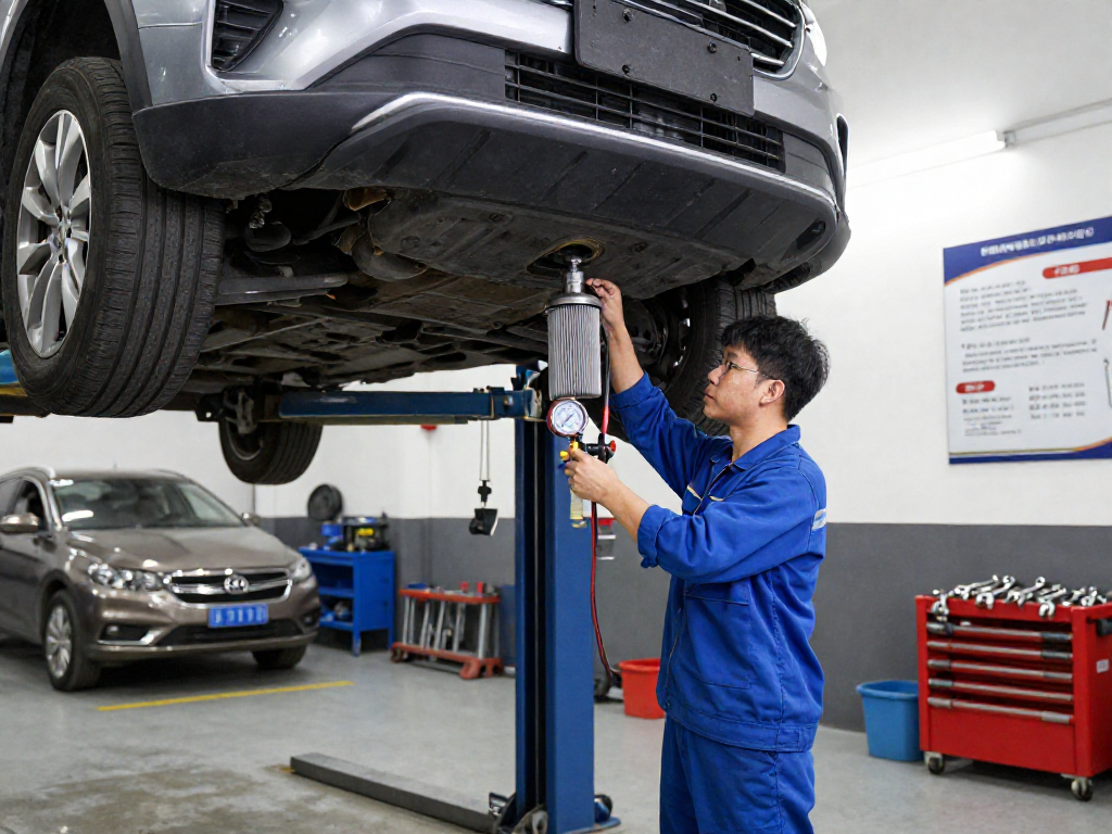 Mechaniker bei der DPF Reinigung Laatzen, spezialisierte Werkzeuge und Fahrzeuge im Hintergrund.