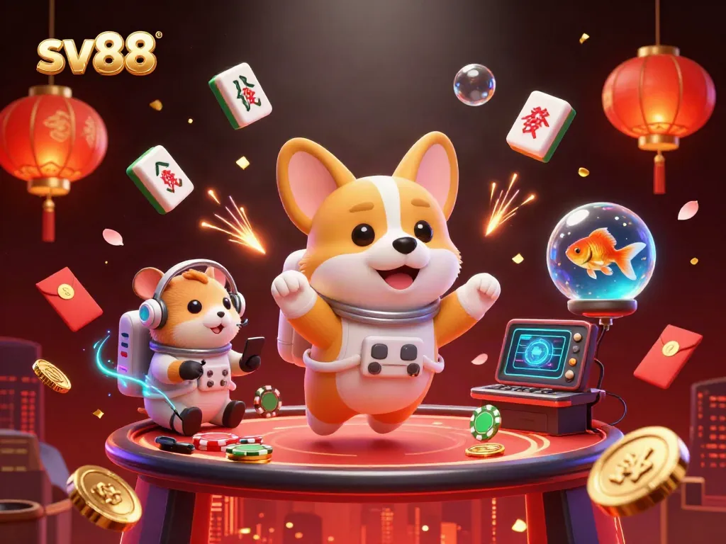 Engage with sv88 casino gaming through an adventurous scene featuring a floating corgi, chips, and vibrant elements.