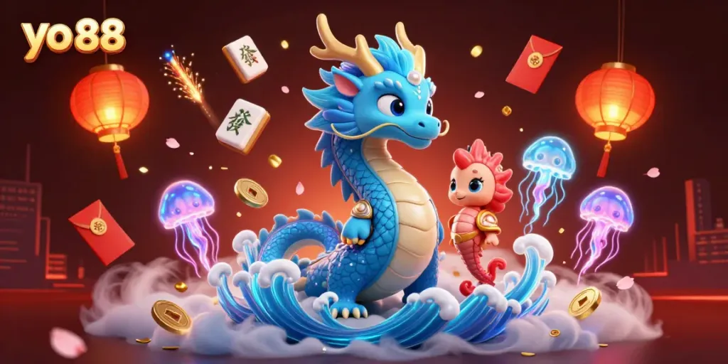 Experience yo 88 excitement with an azure water dragon, seahorse knight, and vibrant casino elements.