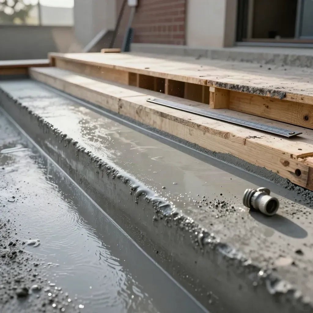 Frisch gegossener Beton an einer Außentreppe mit Schalung und nassen Reflexen.