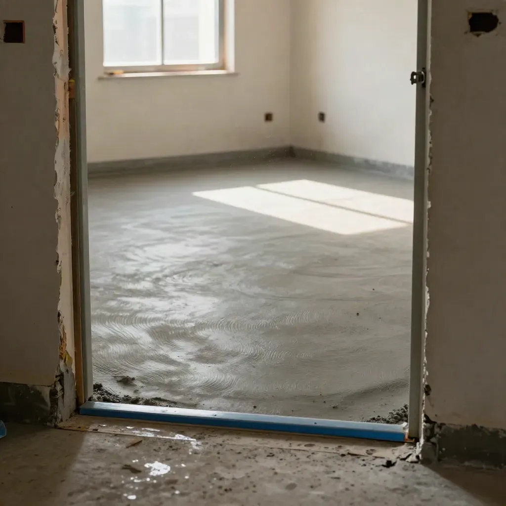 Frisch geglätteter Estrichboden im Neubau mit Türöffnungen und warmem Seitenlicht.