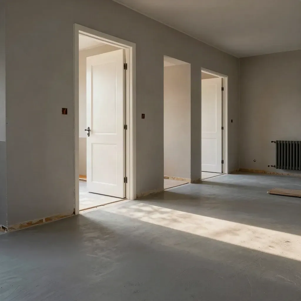Mehrere frisch geglättete Estrichräume in leerer Wohnung mit hellen Türöffnungen