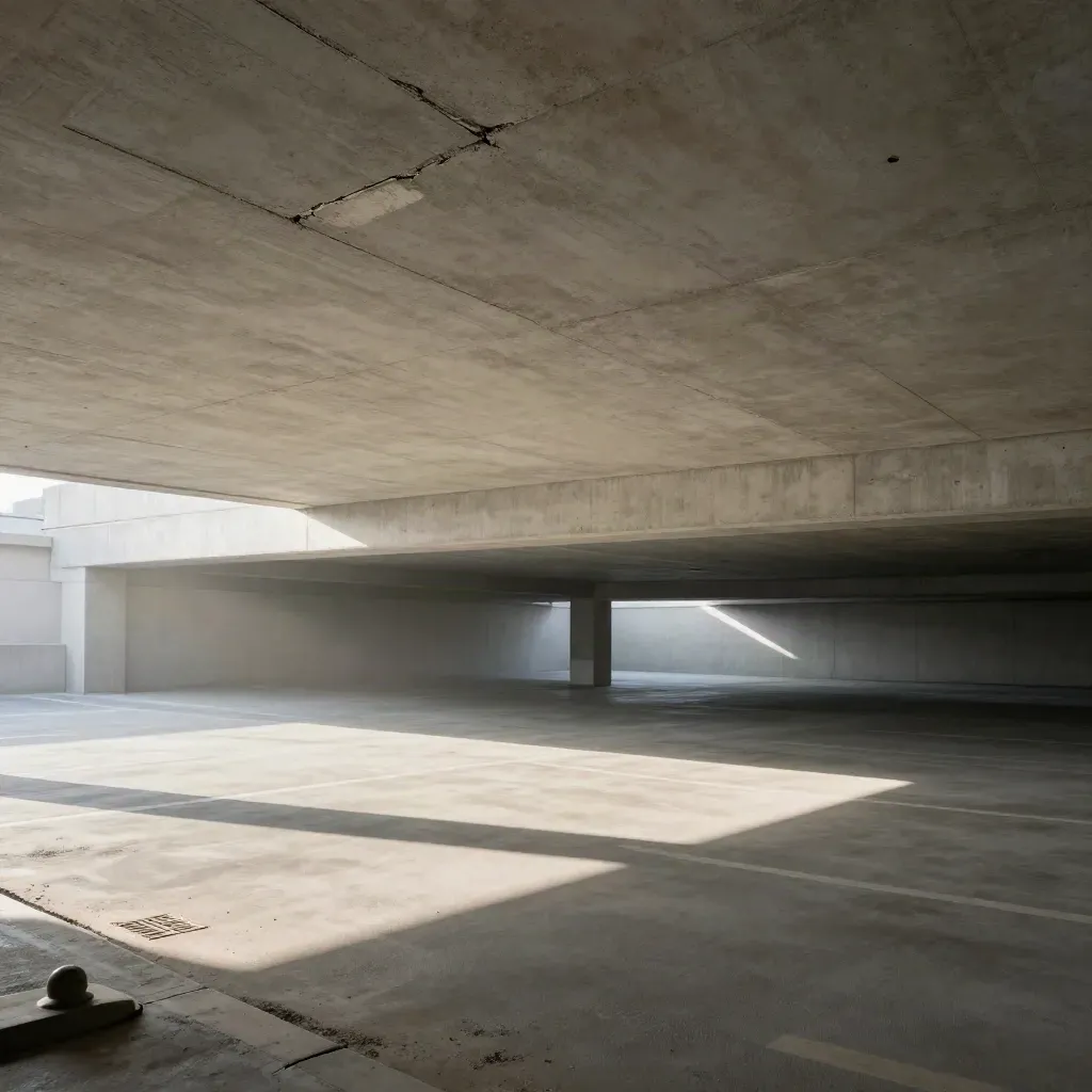 Sanierte Parkhausdecke mit Rissen, frischer Oberfläche und weitem Fahrspur-Blick