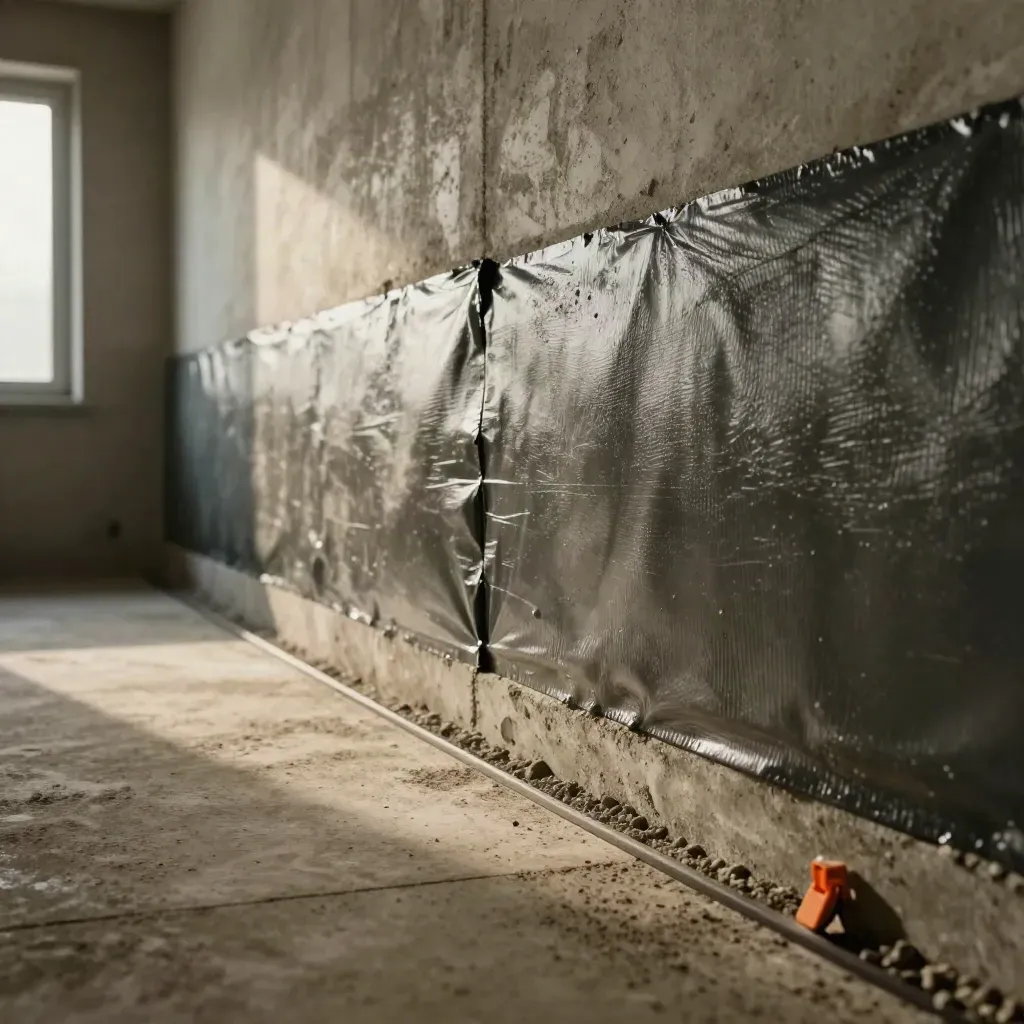Abgedichtete Kellerwand mit Drainage und trockener Sockelzone in Bonn