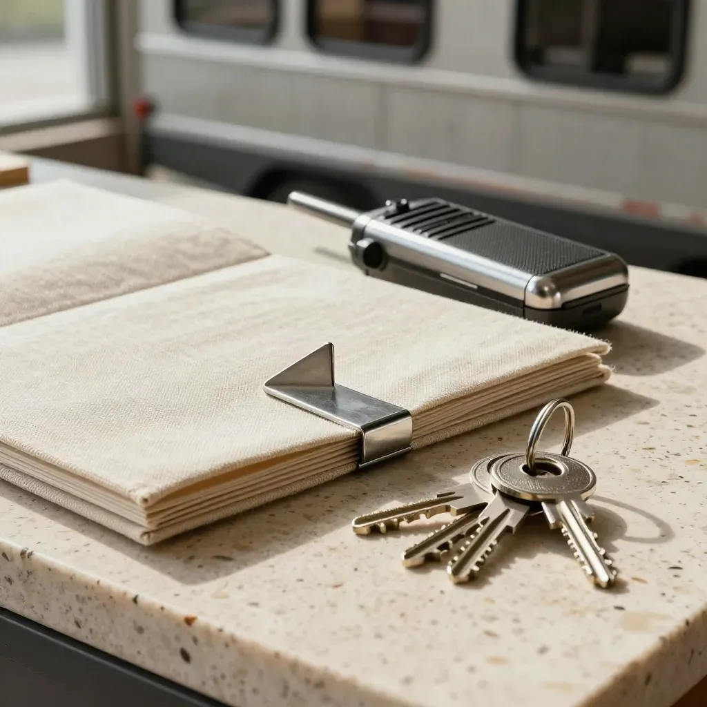 Planmappe, Funkgerät, Winkel und Schlüssel auf Travertin im Werkstattlicht.