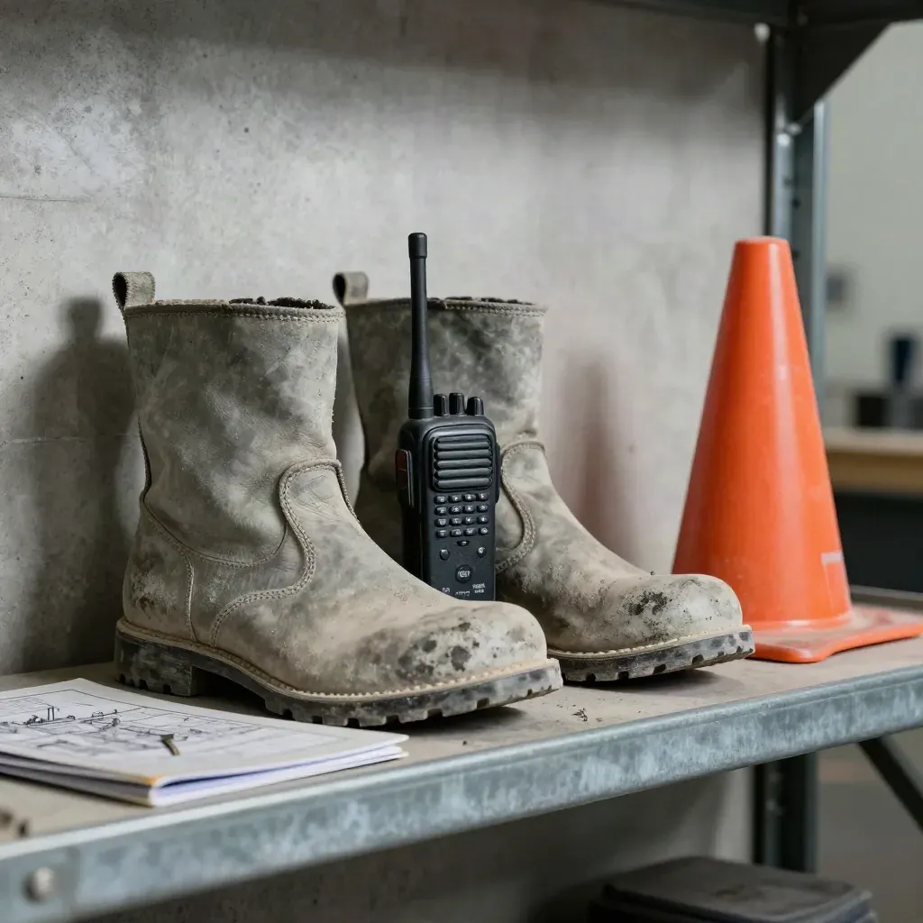 Baustellenstiefel, Funkgerät, Mini-Warnkegel und Ordner auf Metallablage im Hallenlicht.