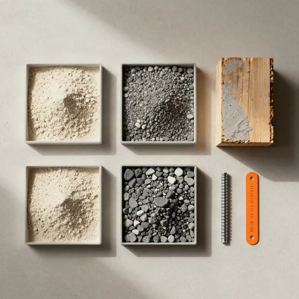 Materialproben, Schalungsecke, Steinwürfel und Metallclip auf hellem Beton.