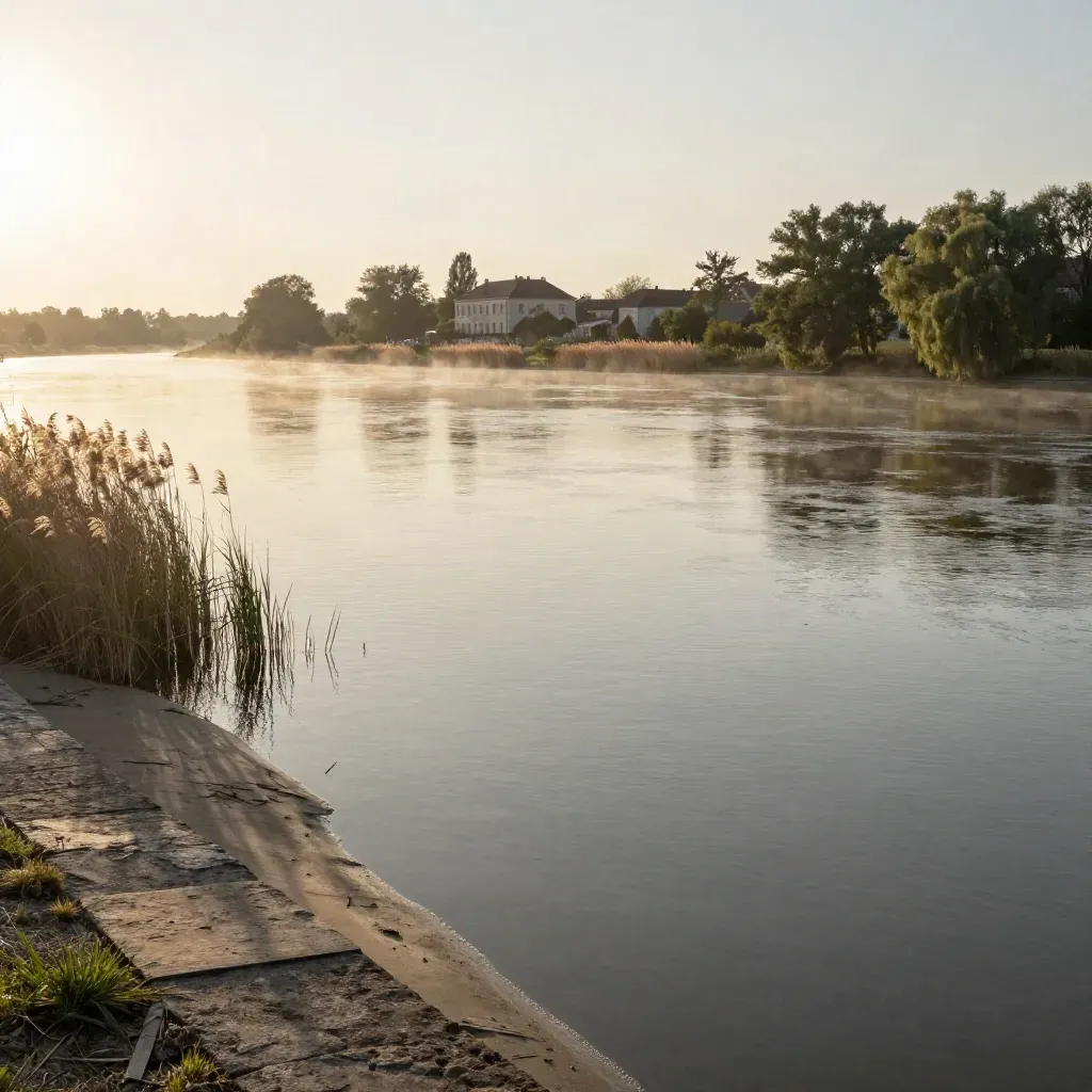 Ruhiger Haveluferblick bei Potsdam mit Villensilhouetten im warmen Dunst.