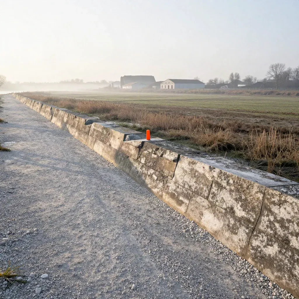 Nebel über hellem Kiesufer, Feldern und fernen Speicherbauten bei Leipzig.