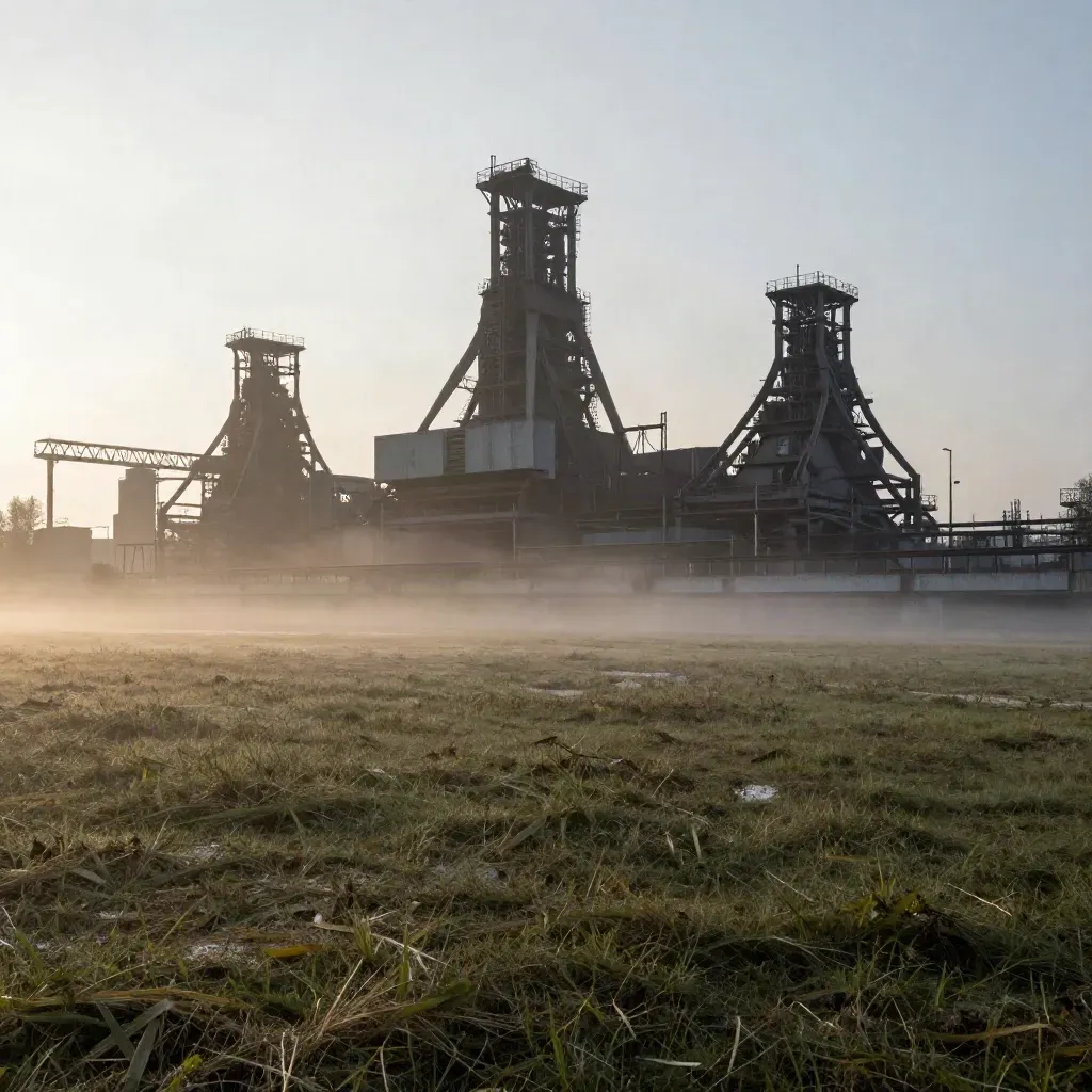 Morgennebel über Essens Industriekulisse mit ruhiger grüner Vorfläche