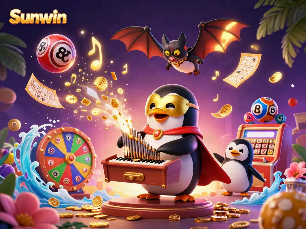 Experience the excitement of Sunwin with a vibrant 3D casino scene featuring a penguin and a bat acrobat.