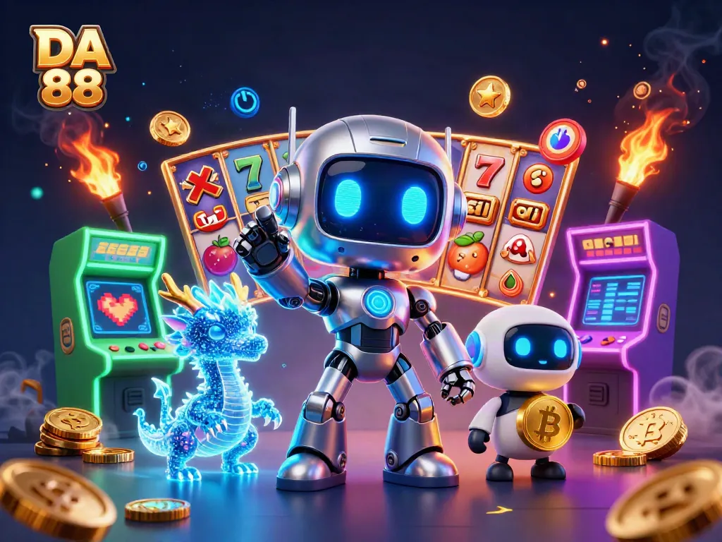 Engage in thrilling games at DA 88 with a vibrant 3D illustration showcasing exciting casino elements.