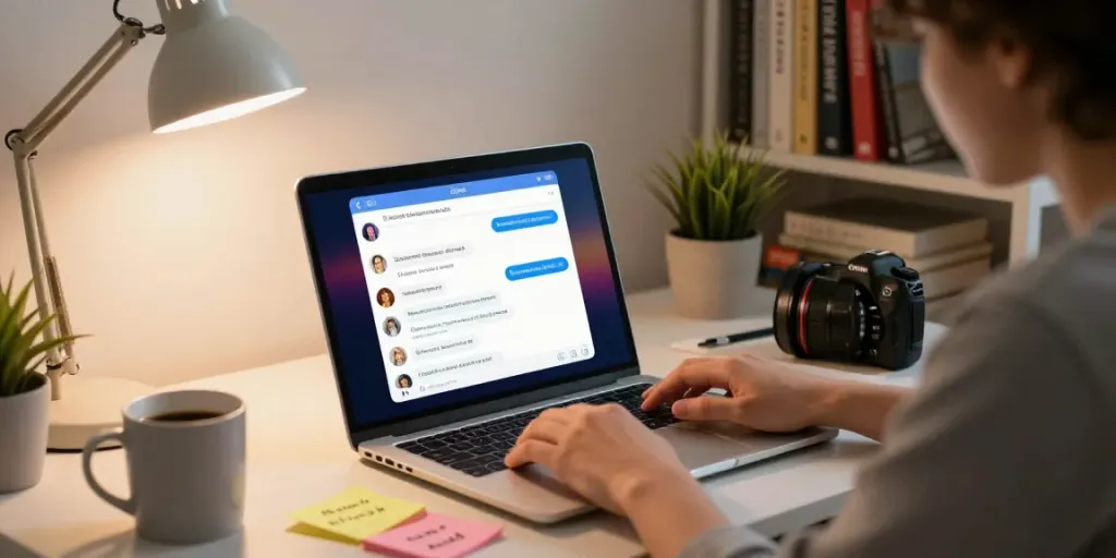 Engaging porn chat experience between a user and AI chatbot in a cozy study setting.
