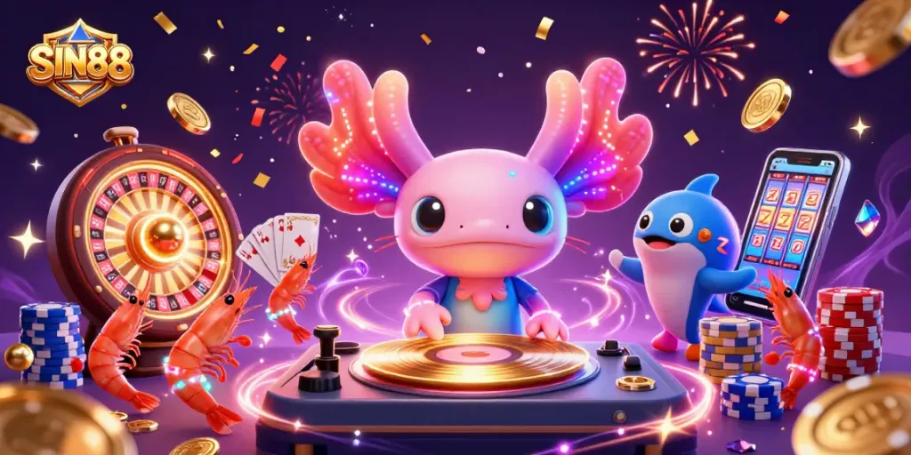 SIN88 engages players with vibrant casino elements like coins, cards, and a dynamic DJ scene
