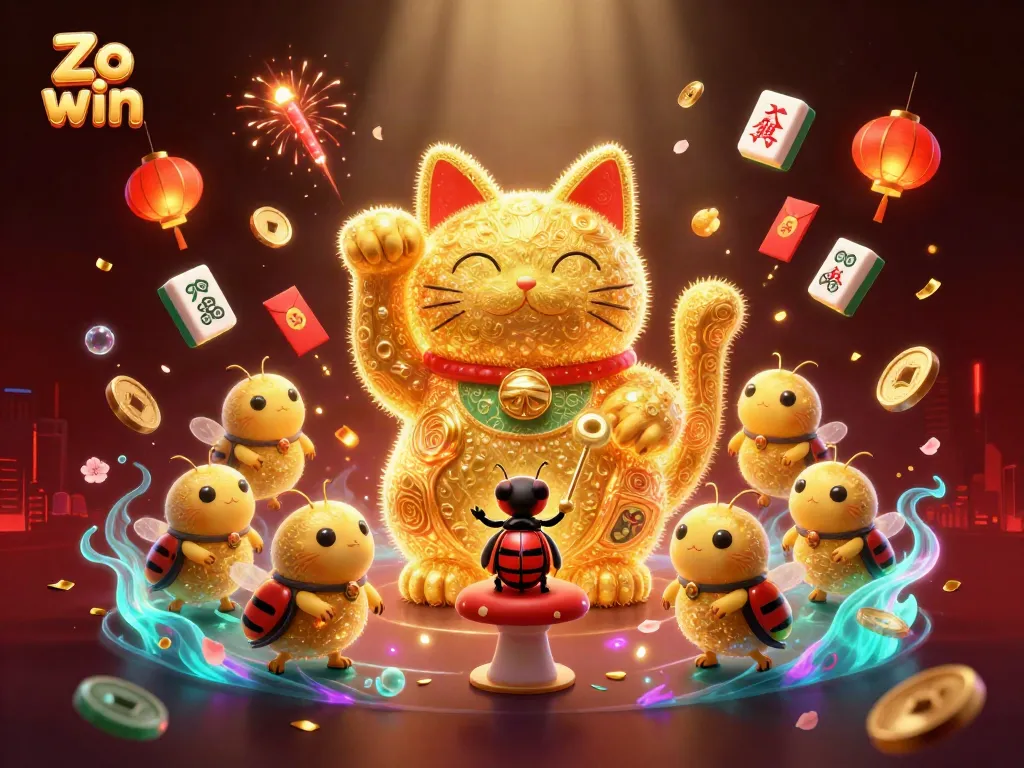 Experience the luck of Zo win in this vibrant casino scene with a waving lucky cat and glowing symbols.