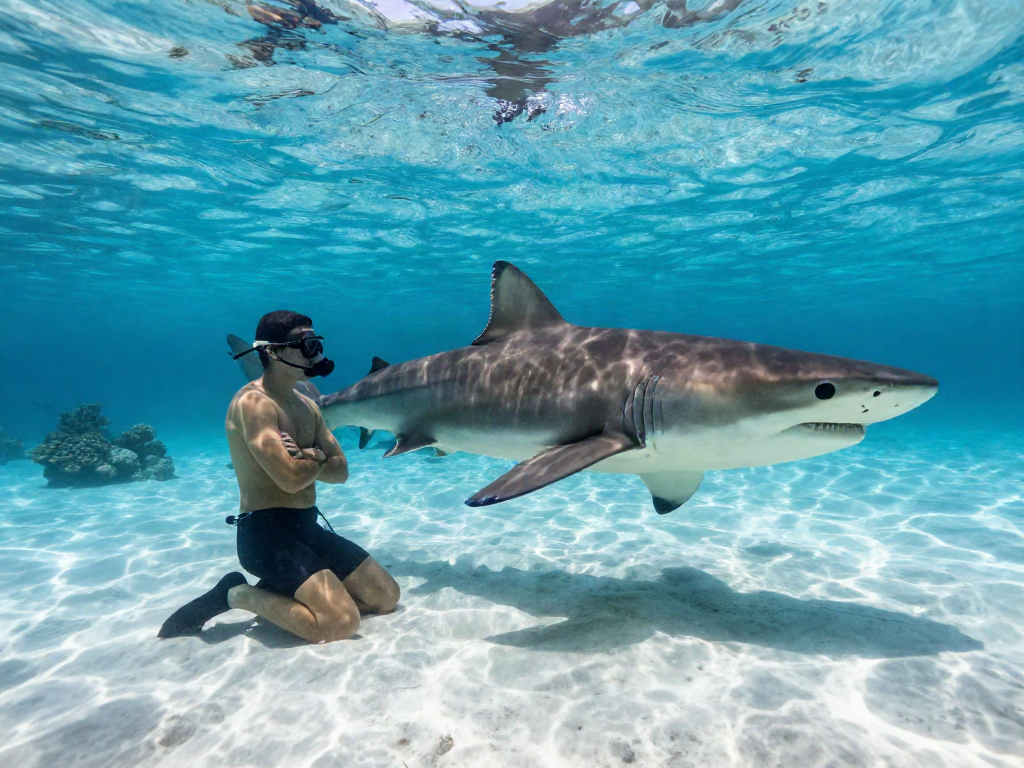 Ein Taucher beobachtet einen Bullenhai in den Gewässern von Playa del Carmen.