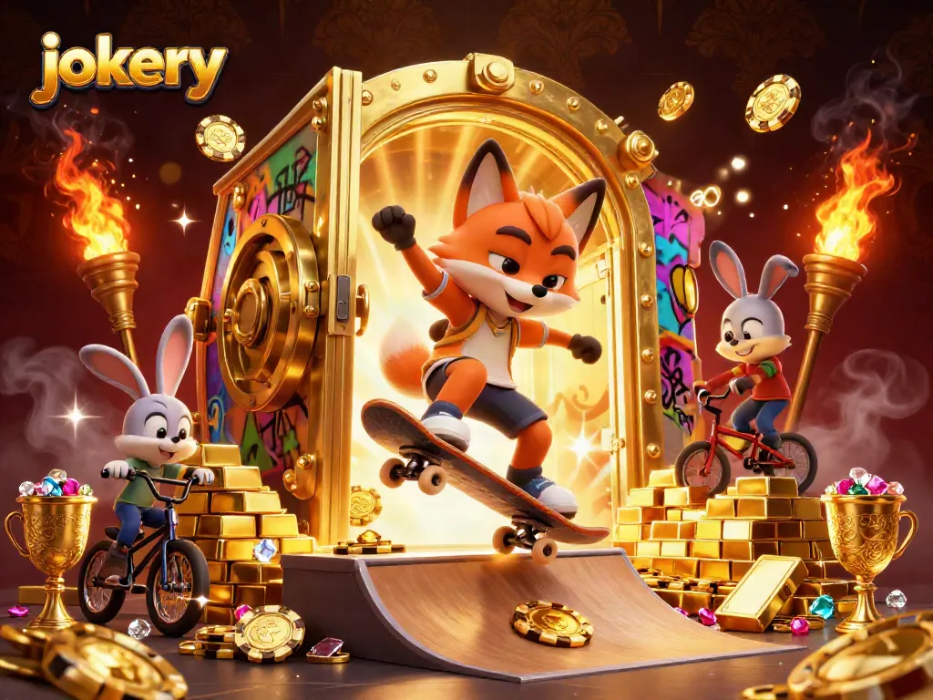 Engage with jokery's vibrant casino scene featuring cartoon characters and dazzling treasures.