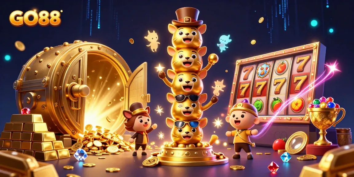 Experience the excitement of GO88 casino gaming with a vibrant 3D illustration of a golden totem pole, jewels, and slot machine elements.