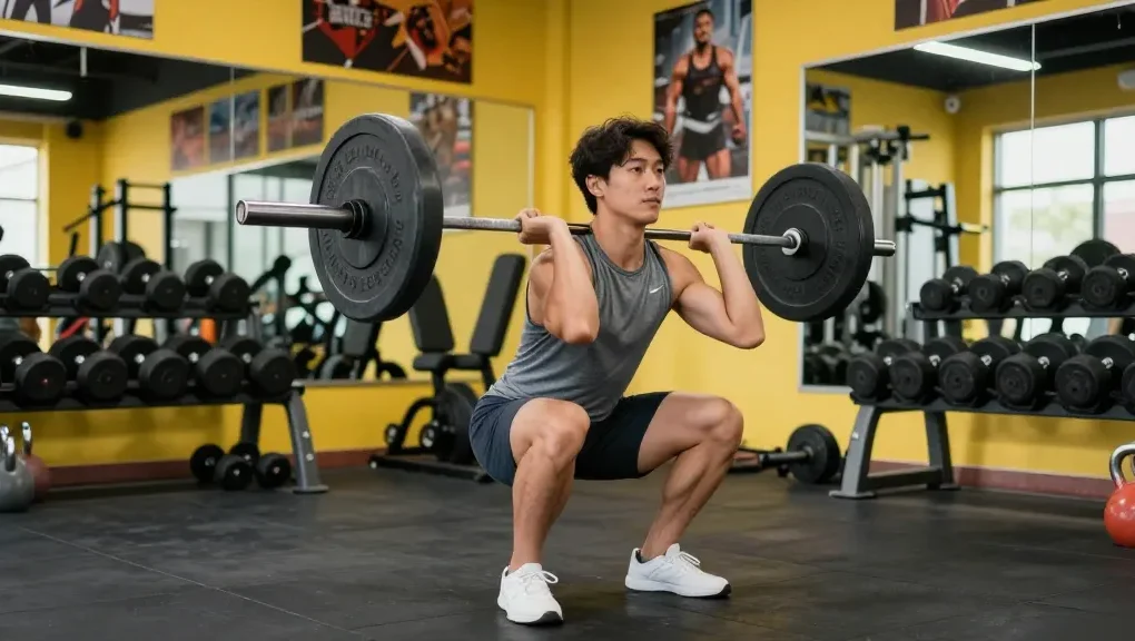 Ein Fitness-Enthusiast, der Utinon Steroide verwendet, um beim Training im modernen Fitnessstudio einen perfekten Squat auszuführen.