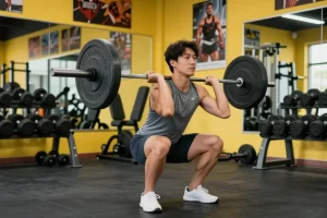 Ein Fitness-Enthusiast, der Utinon Steroide verwendet, um beim Training im modernen Fitnessstudio einen perfekten Squat auszuführen.