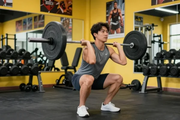 Ein Fitness-Enthusiast, der Utinon Steroide verwendet, um beim Training im modernen Fitnessstudio einen perfekten Squat auszuführen.