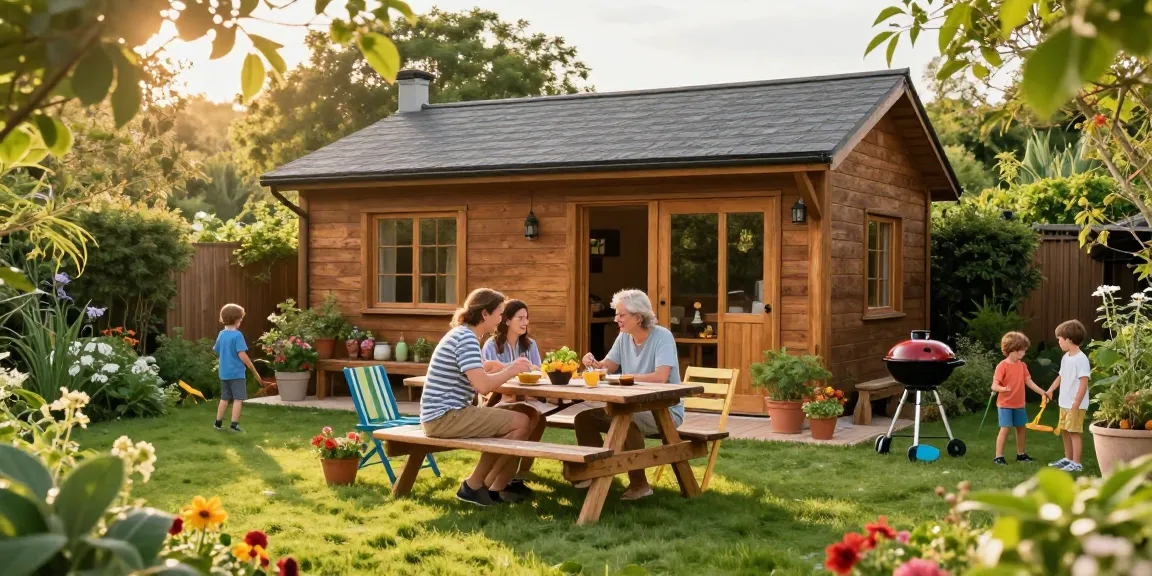 Ein gemütliches Gartenhaus im Grünen mit einer Familie beim Einrichten eines Essbereichs im Freien.