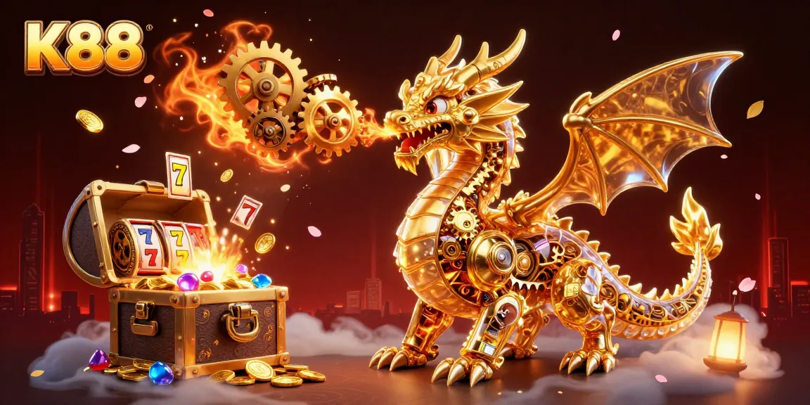 K88 captures the thrill of gambling with a golden dragon amidst exploding treasure, evoking excitement.