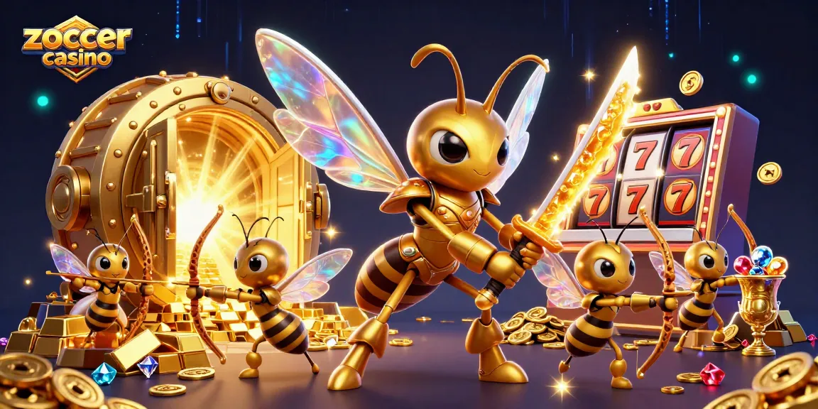 Zoccer casino showcases a vibrant 3D scene featuring a golden hornet samurai and treasure, merging gaming pathos.
