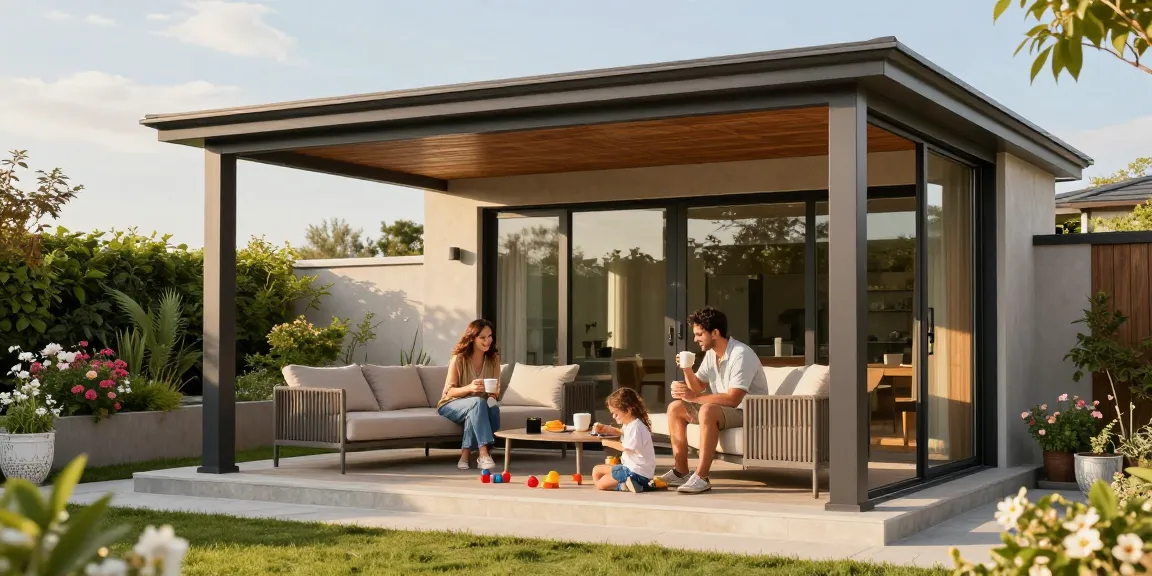 Terrassenüberdachung freistehend mit Familie, die im Freien Zeit verbringt