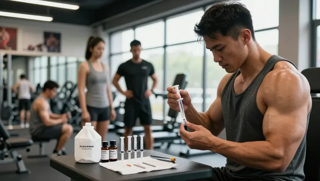Anabolika Shop: Körperlicher Fitnessprofi spritzt Anabolika in einem modernen Fitnessstudio.