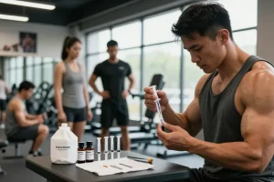 Anabolika Shop: Körperlicher Fitnessprofi spritzt Anabolika in einem modernen Fitnessstudio.