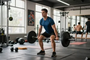Akra Labs Steroid Shop: Athlet hebt Gewichte im modernen Fitnessstudio mit motivierender Atmosphäre.