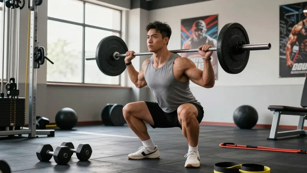 Anabolika Shop: Bodybuilder im Fitnessstudio beim Krafttraining mit Gewichten.