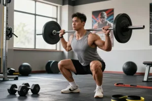 Anabolika Shop: Bodybuilder im Fitnessstudio beim Krafttraining mit Gewichten.