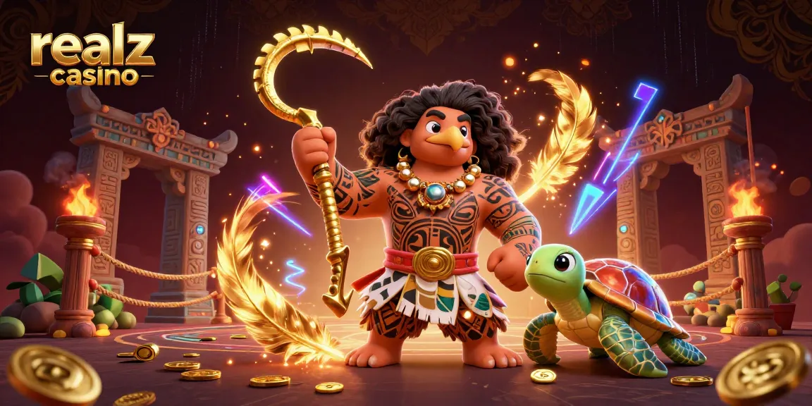 Engage with the realz casino adventure featuring a lively Polynesian demigod in a vibrant 3D illustration.