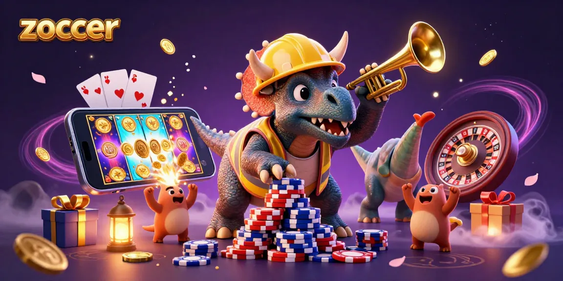Zoccer casino scene with vibrant characters celebrating wins and displaying slot games and poker chips.